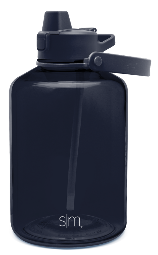 Deep navy blue water bottle with flip-top lid, featuring reflective accents on a dark colored container and cap design.