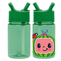 Two mint green water bottles with flip-top caps side-by-side on white background. Left bottle is plain with SM logo. Right bottle details not fully visible in description.