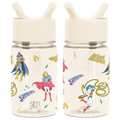 Cream-colored spray bottle with vibrant comic-style illustrations in yellow, hot pink, red, and blue