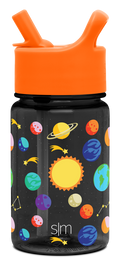 Water bottle with dark charcoal cylindrical body and bright orange cap lid assembly