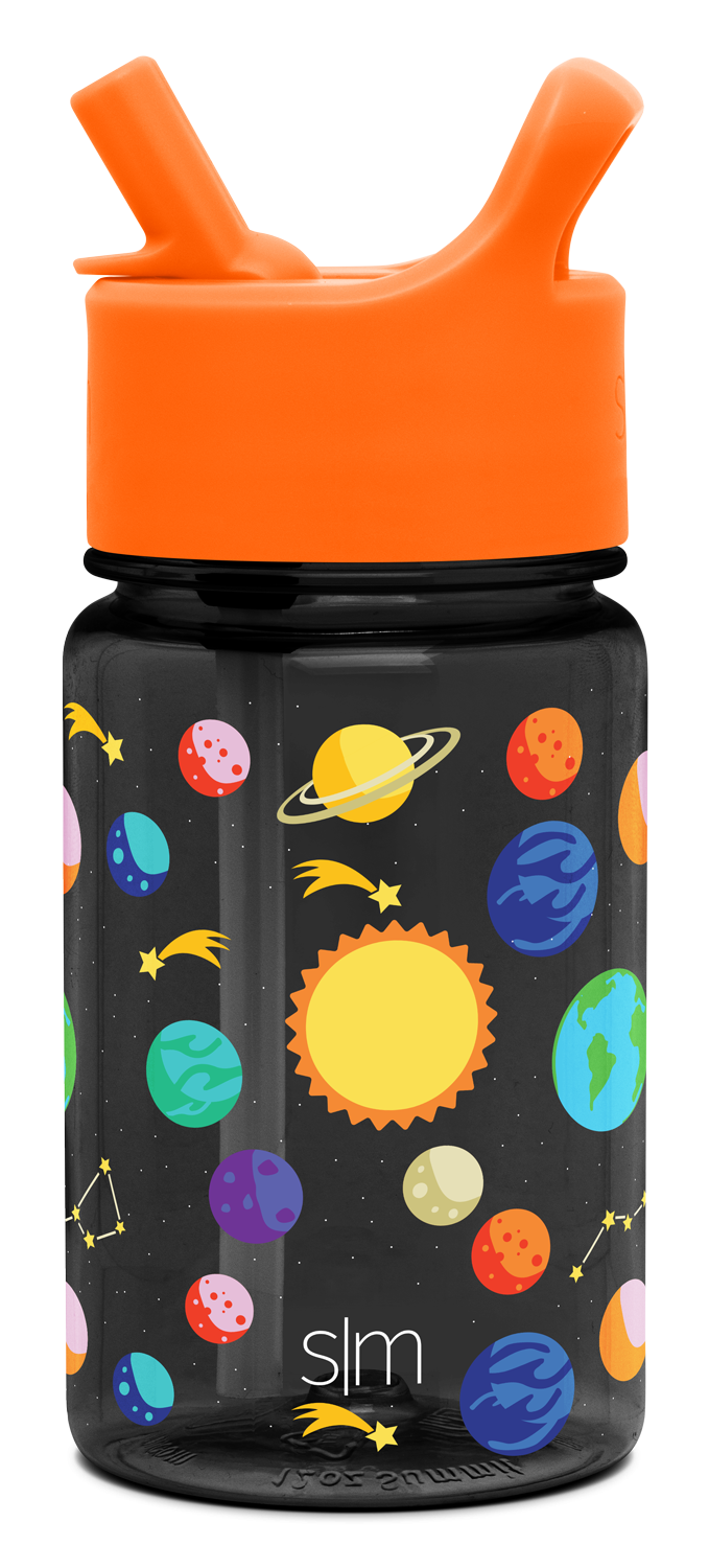 Water bottle with dark charcoal cylindrical body and bright orange cap lid assembly