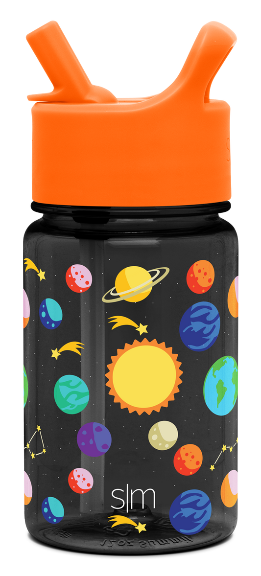 Water bottle with dark charcoal cylindrical body and bright orange cap lid assembly