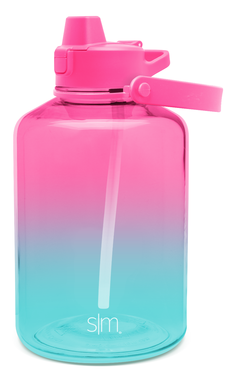 Modern water bottle with hot pink to lavender to turquoise ombré gradient, featuring a sleek cylindrical design with a secure cap, displayed against a white background.
