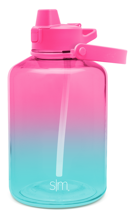 Modern water bottle with hot pink to lavender to turquoise ombré gradient, featuring a sleek cylindrical design with a secure cap, displayed against a white background.