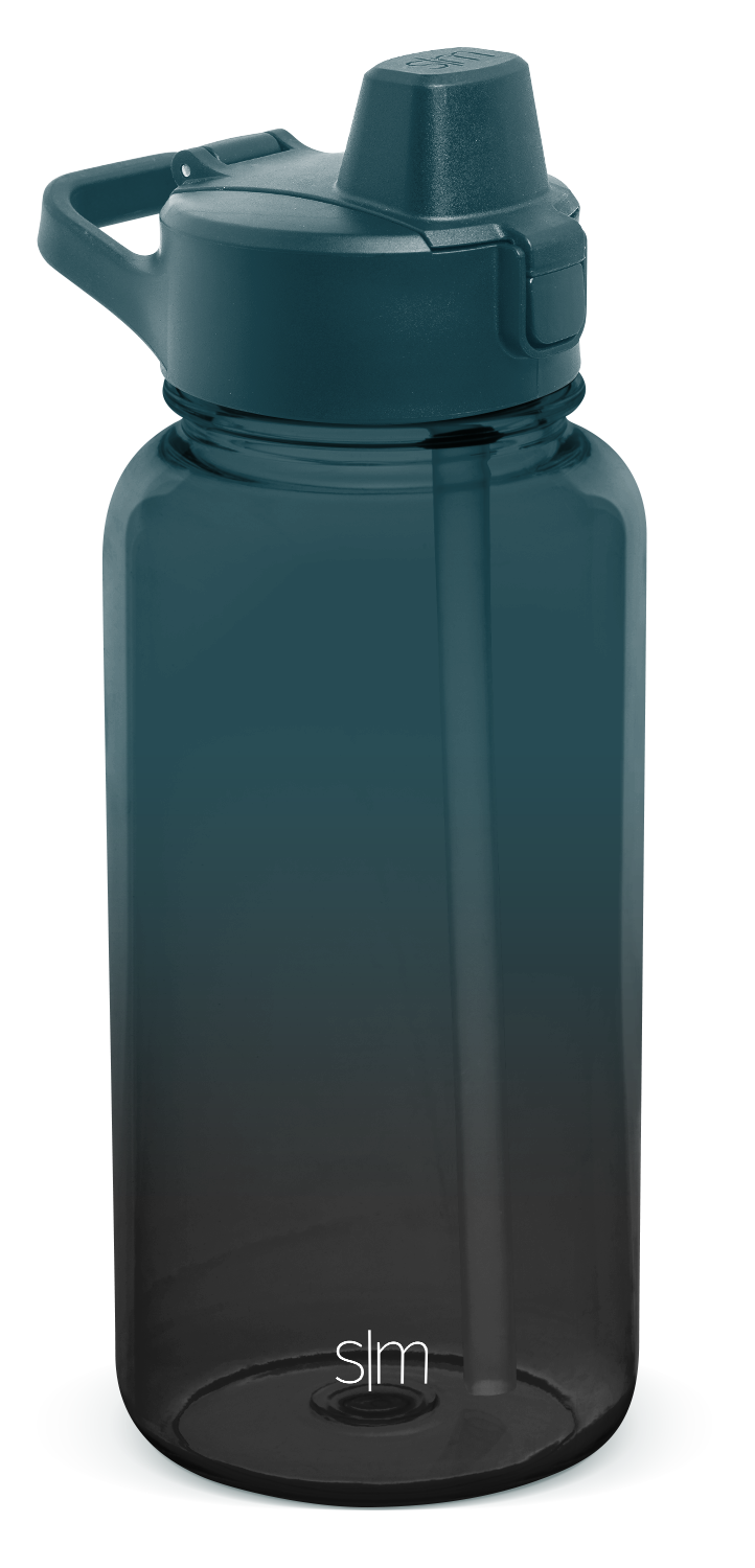 Teal to black ombre water bottle with matching teal cap and lid assembly