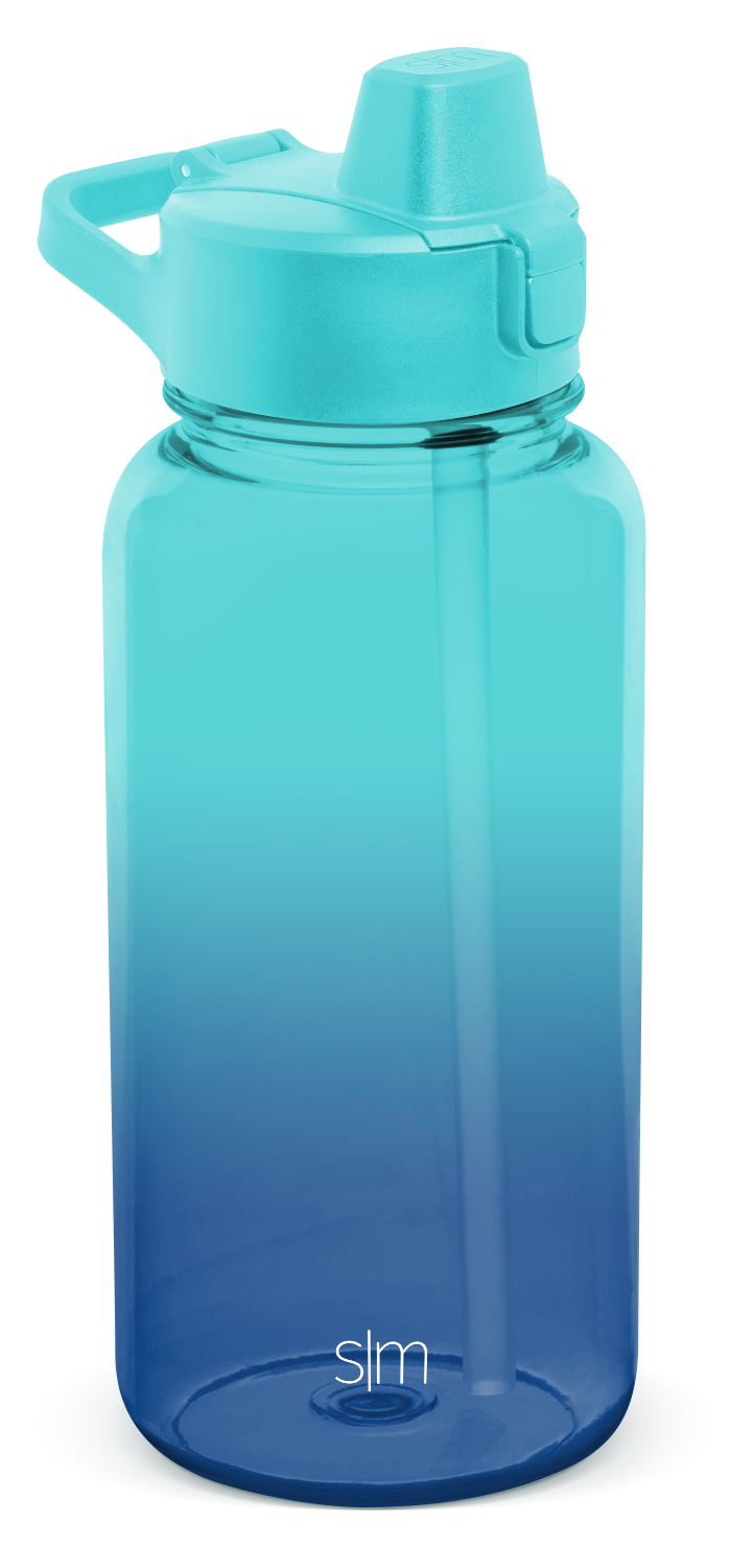 Gradient ombre bottle transitioning from bright turquoise at the top to light blue tones in the middle section