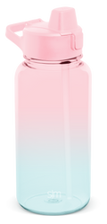 Ombre water bottle with pale pink top fading to white middle and light aqua blue bottom, solid white cap and carrying handle