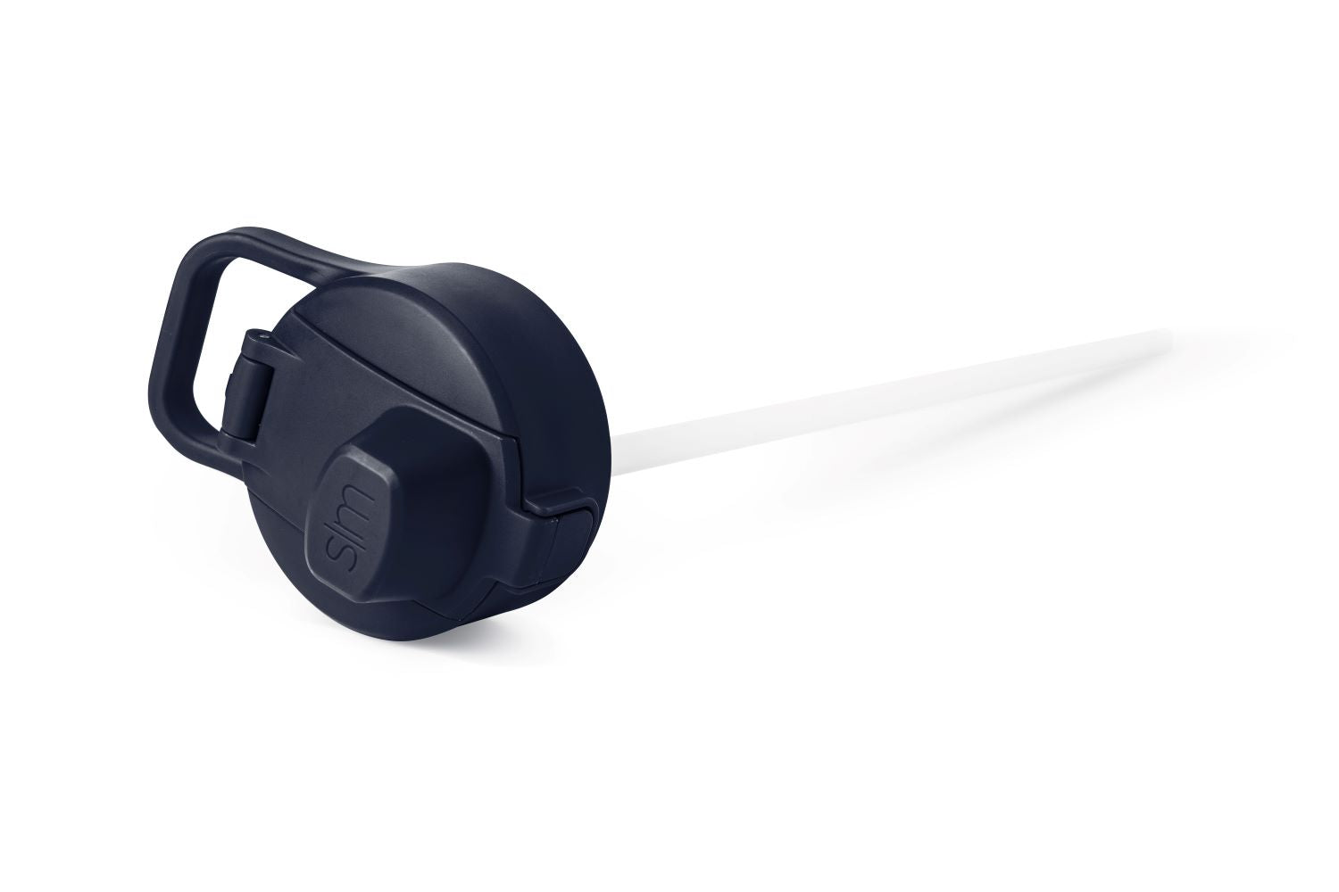 Navy blue cosmetic lid with white background and frosted white straw