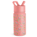 Soft coral pink water bottle with lid and handle assembly, lower portion decorated with pattern design