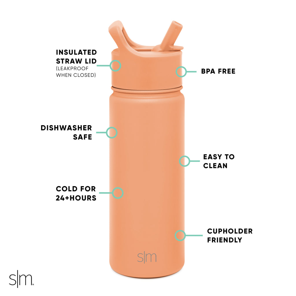 Peach-orange insulated water bottle with straw lid, featuring a cylindrical design in warm peachy-salmon tone