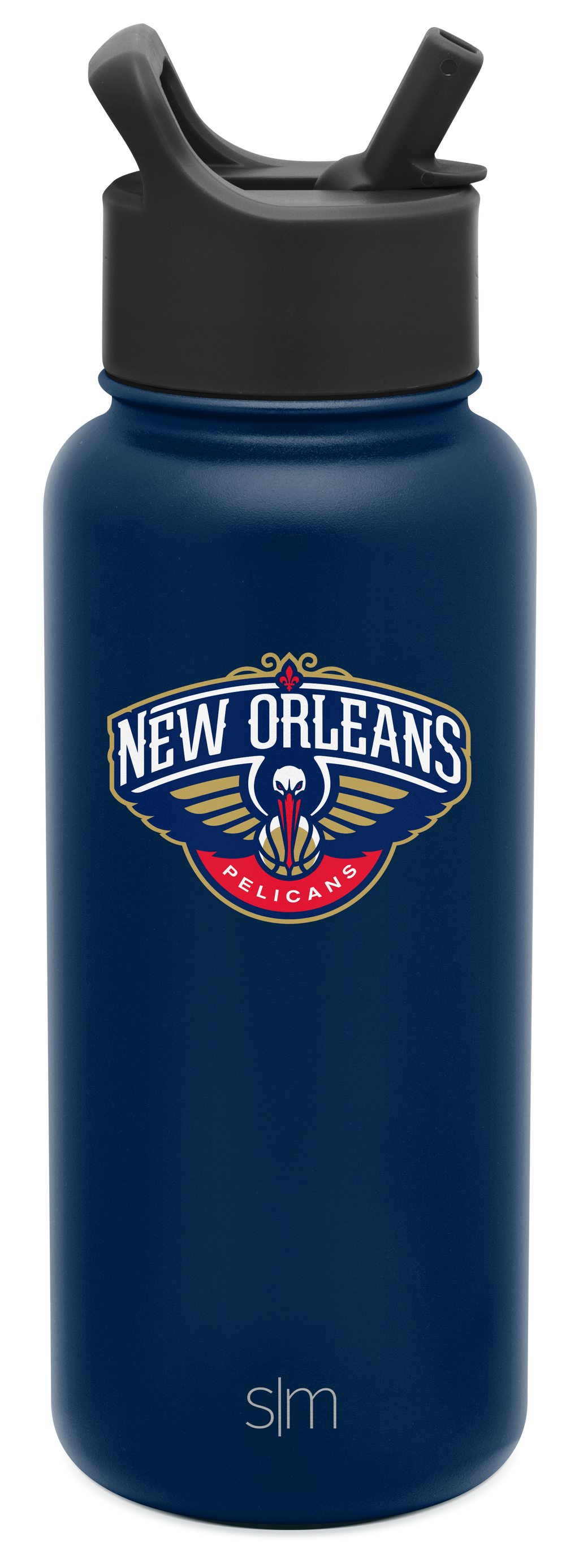 Navy blue insulated water bottle with matte finish against white background. Simple Modern design, cylindrical shape, durable appearance.
