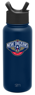 Navy blue insulated water bottle with matte finish against white background. Simple Modern design, cylindrical shape, durable appearance.