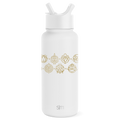 White insulated water bottle with wide mouth opening and dual-handle straw cap on cylindrical body with tapered lower section