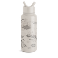 Cream-colored bottle with gray and black illustrations and text, white lid and straw spouts, monochromatic design