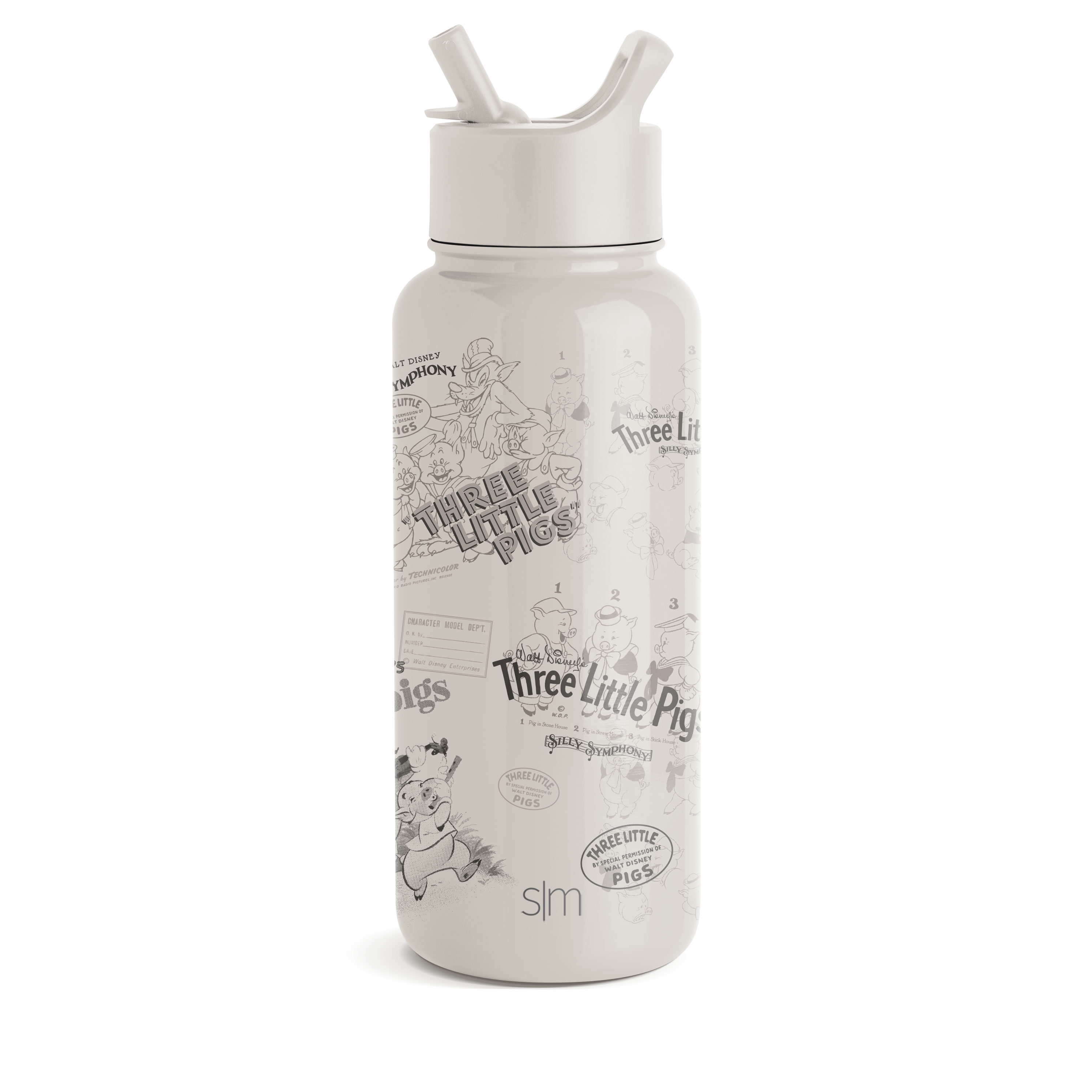 Cream-colored bottle with gray and black illustrations and text, white lid and straw spouts, monochromatic design