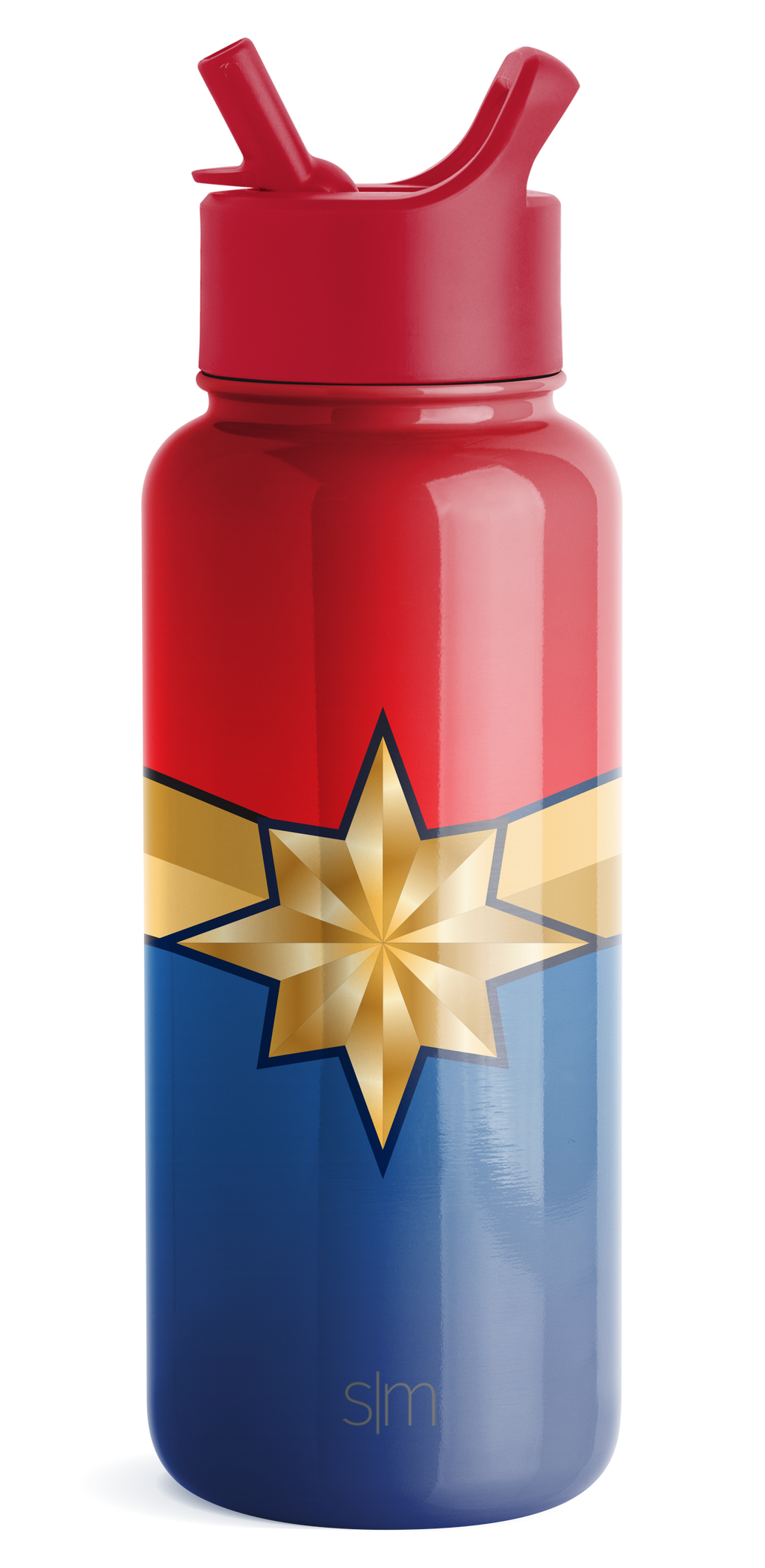 Gradient bottle with red upper section, cream middle band, and navy blue lower half