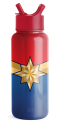 Gradient bottle with red upper section, cream middle band, and navy blue lower half