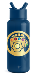 Deep navy blue water bottle with bright golden yellow circular graphic on front center, outlined in navy