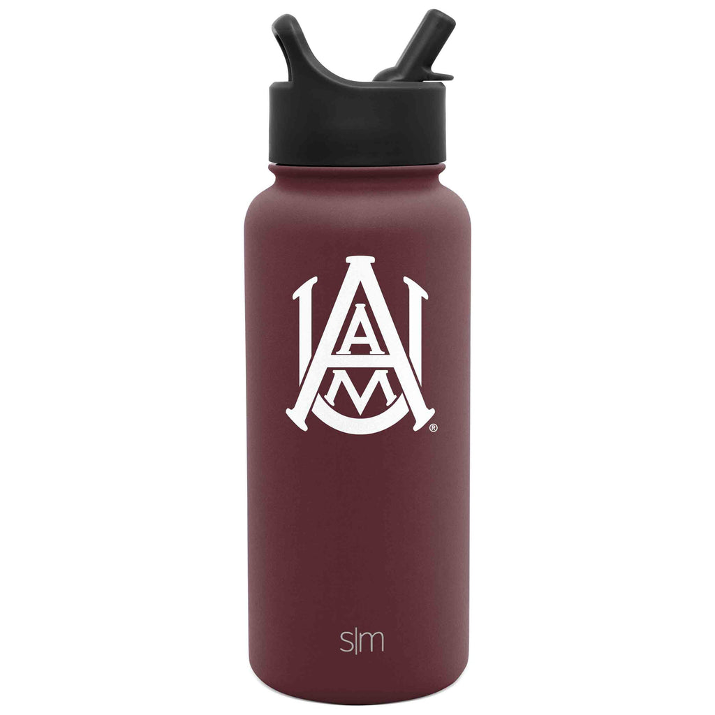 Deep burgundy water bottle with matte black cap and straw system