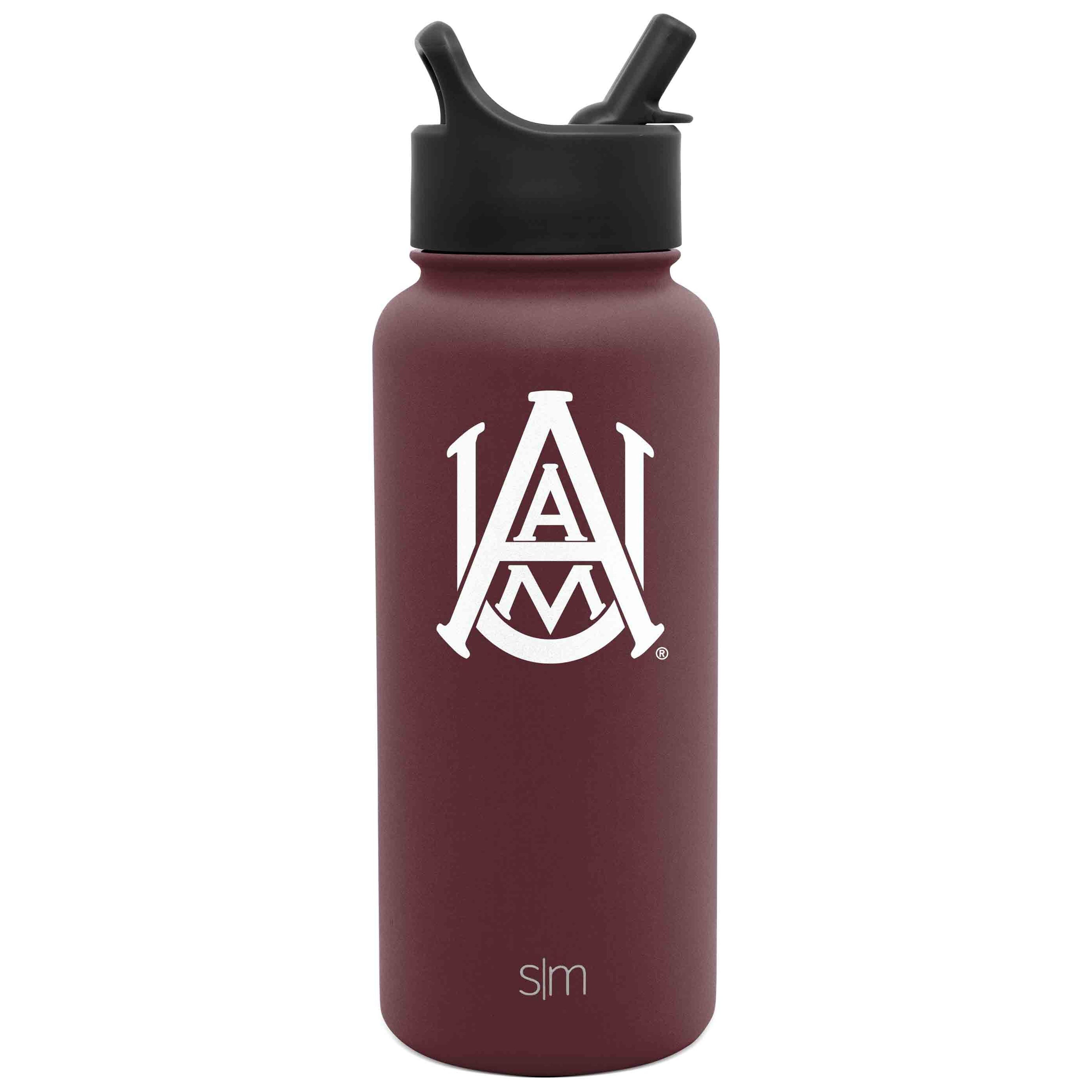 Deep burgundy water bottle with matte black cap and straw system