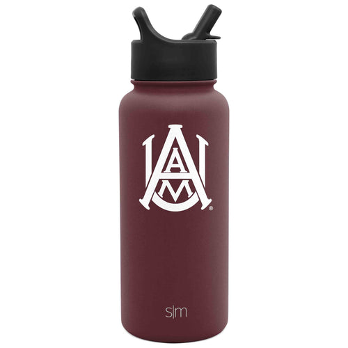 Deep burgundy water bottle with matte black cap and straw system
