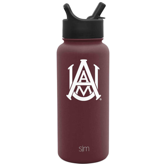 Deep burgundy water bottle with matte black cap and straw system