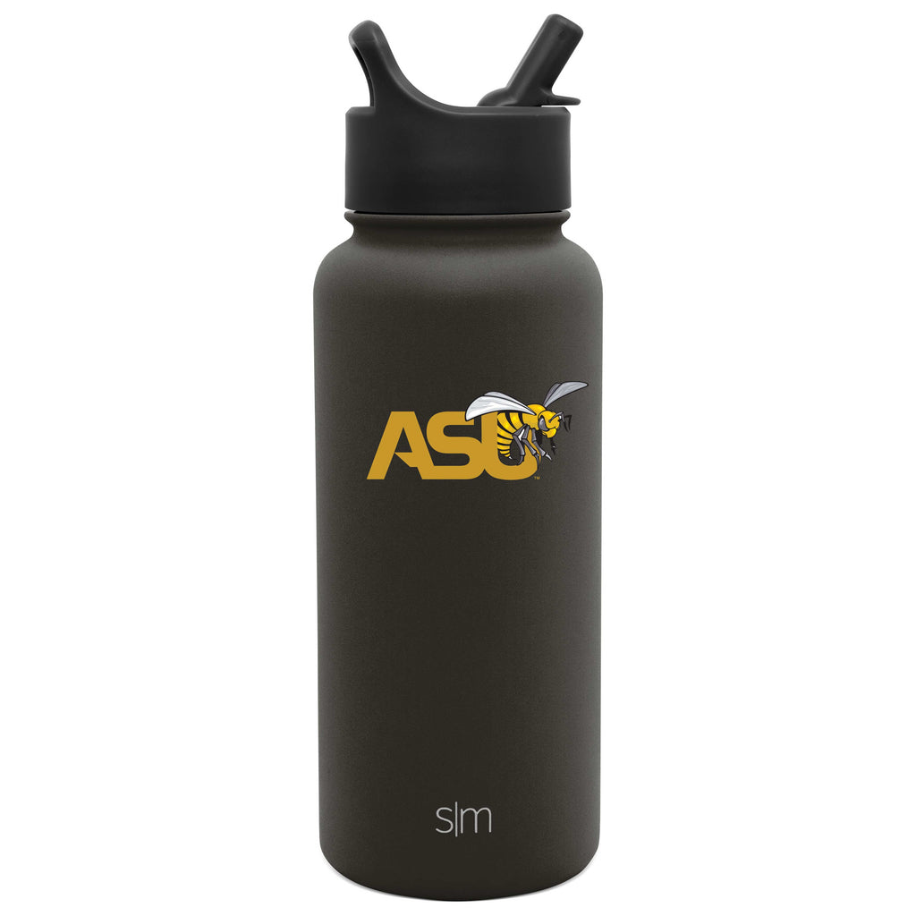 Dark charcoal gray cylindrical water bottle with gold lettering and black accents