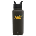 Dark charcoal gray cylindrical water bottle with gold lettering and black accents