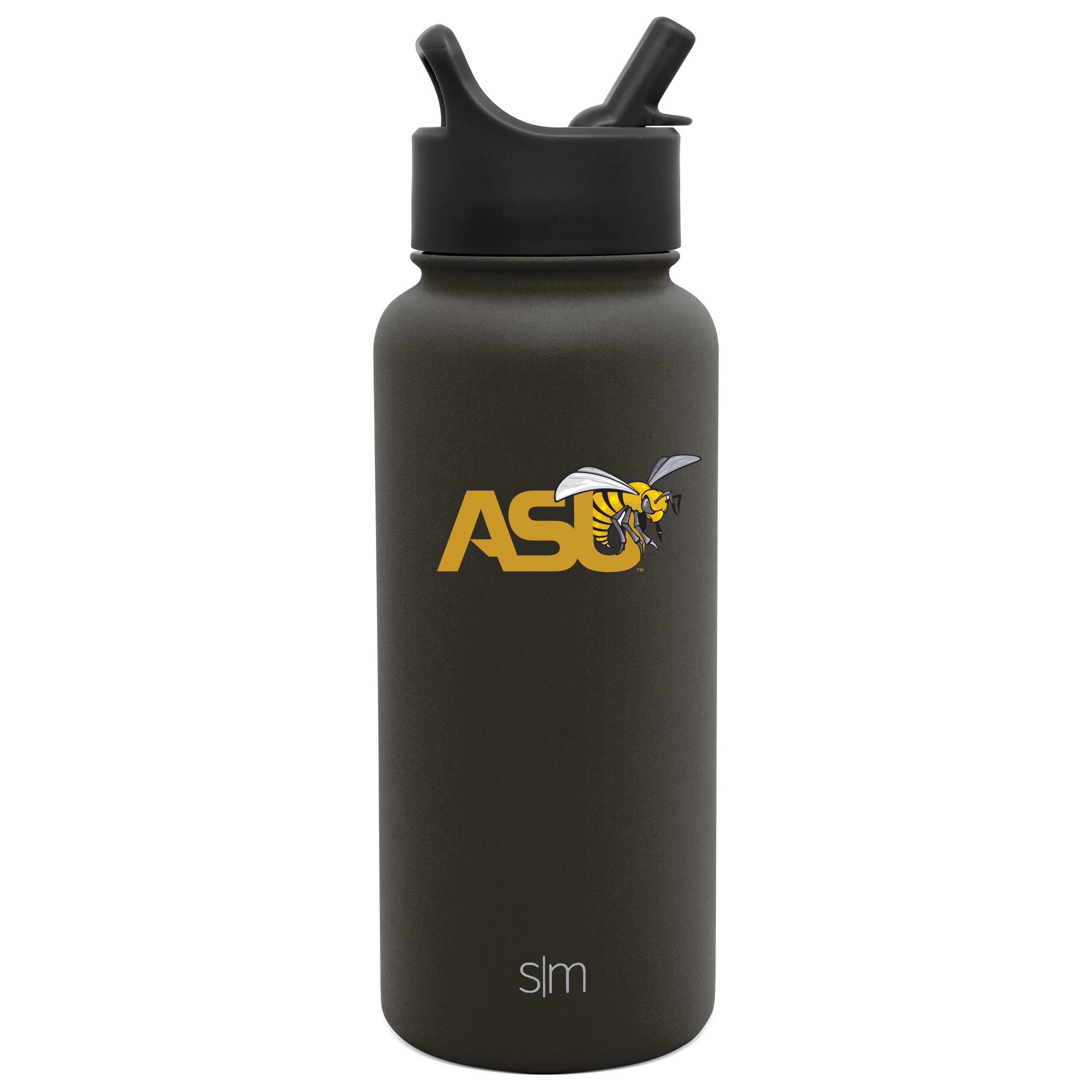 Dark charcoal gray cylindrical water bottle with gold lettering and black accents
