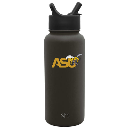 Dark charcoal gray cylindrical water bottle with gold lettering and black accents