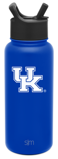 Royal blue water bottle with black lid and straw system