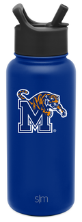 Royal blue insulated water bottle with cylindrical body and tapered base on white background