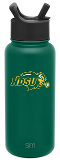 Deep teal water bottle with charcoal gray lid and straw system, cylindrical design with rich saturated finish.