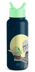 Deep navy blue water bottle with mint green cap and spout, featuring a bright yellow circular illustrated design on the body