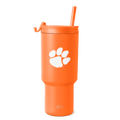 Bright orange tumbler with white paw print graphic and brand text