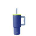 Navy blue tumbler with vibrant lime green lid, rim band, and handle for secure grip and easy carrying.