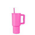 Hot pink tumbler with lid and straw on white background