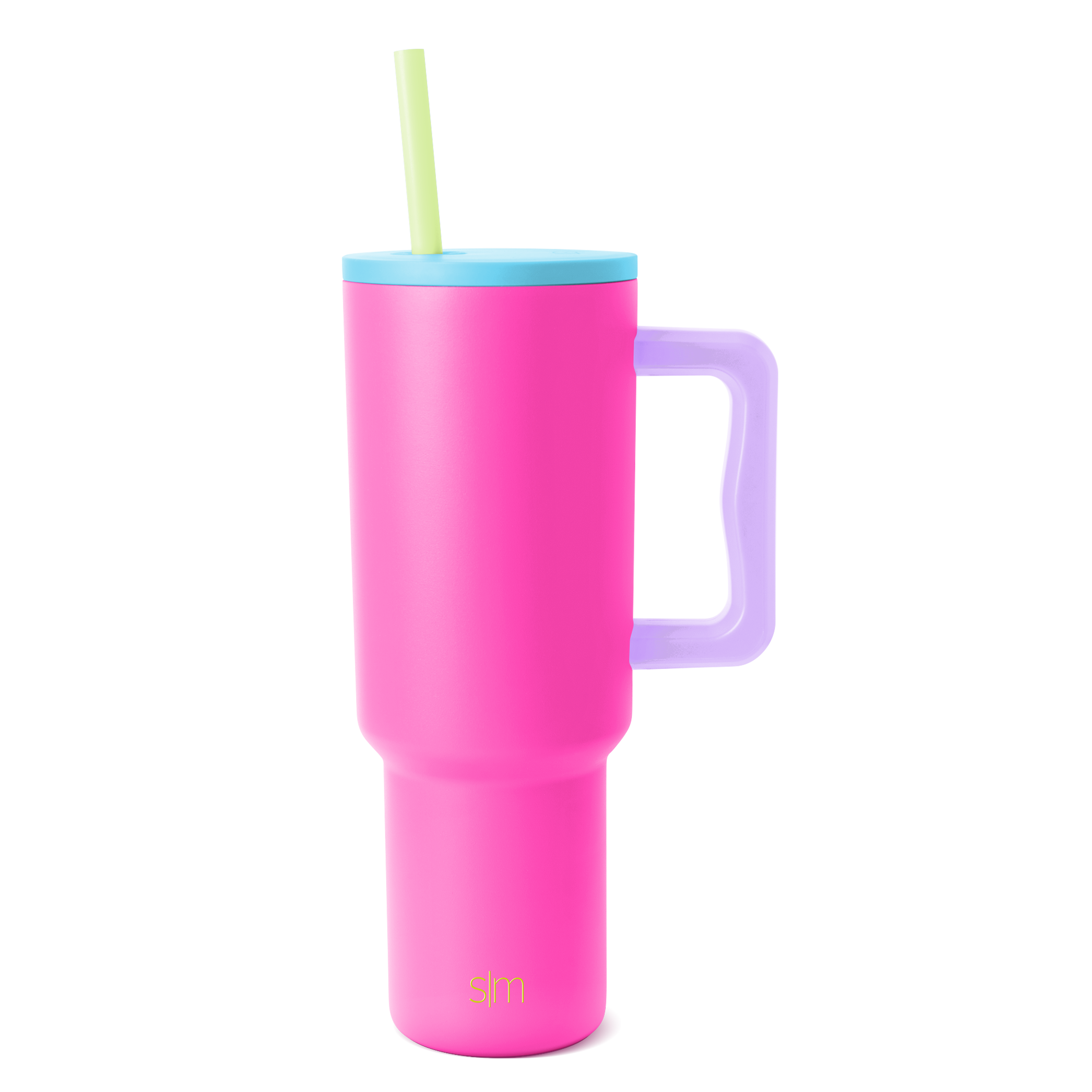 Trek Tumbler insulated beverage cup with hot pink body, sky blue lid, lavender purple handle, and pale yellow-green straw on white background