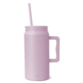 Dusty mauve-pink insulated tumbler with squared handle, matching lid, and straw