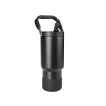 Matte black cylindrical drinkware with metallic gray accents and dark handle against black background