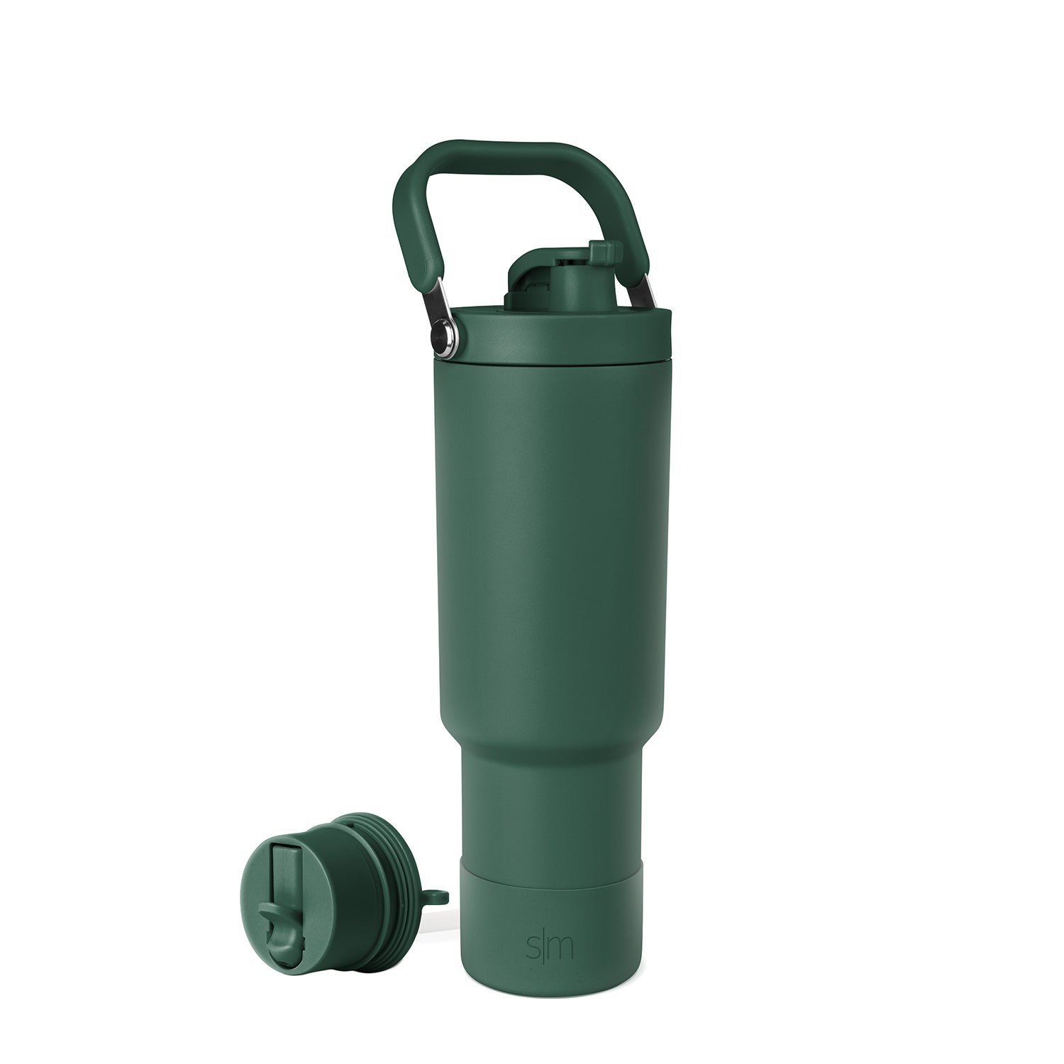 Forest green water bottle with handle and detachable lid, featuring a deep muted green color throughout the entire product design