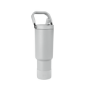 Light gray water bottle with cylindrical body and two-tone handle featuring gray padding and black accents