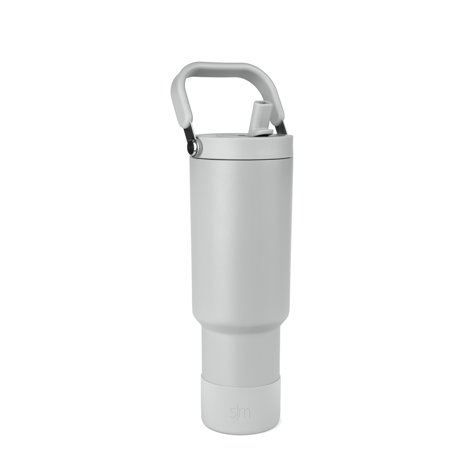 Light gray water bottle with cylindrical body and two-tone handle featuring gray padding and black accents