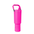Hot pink insulated bottle carrier with modern design, front view showing the carrier's shape and structure for holding beverages.