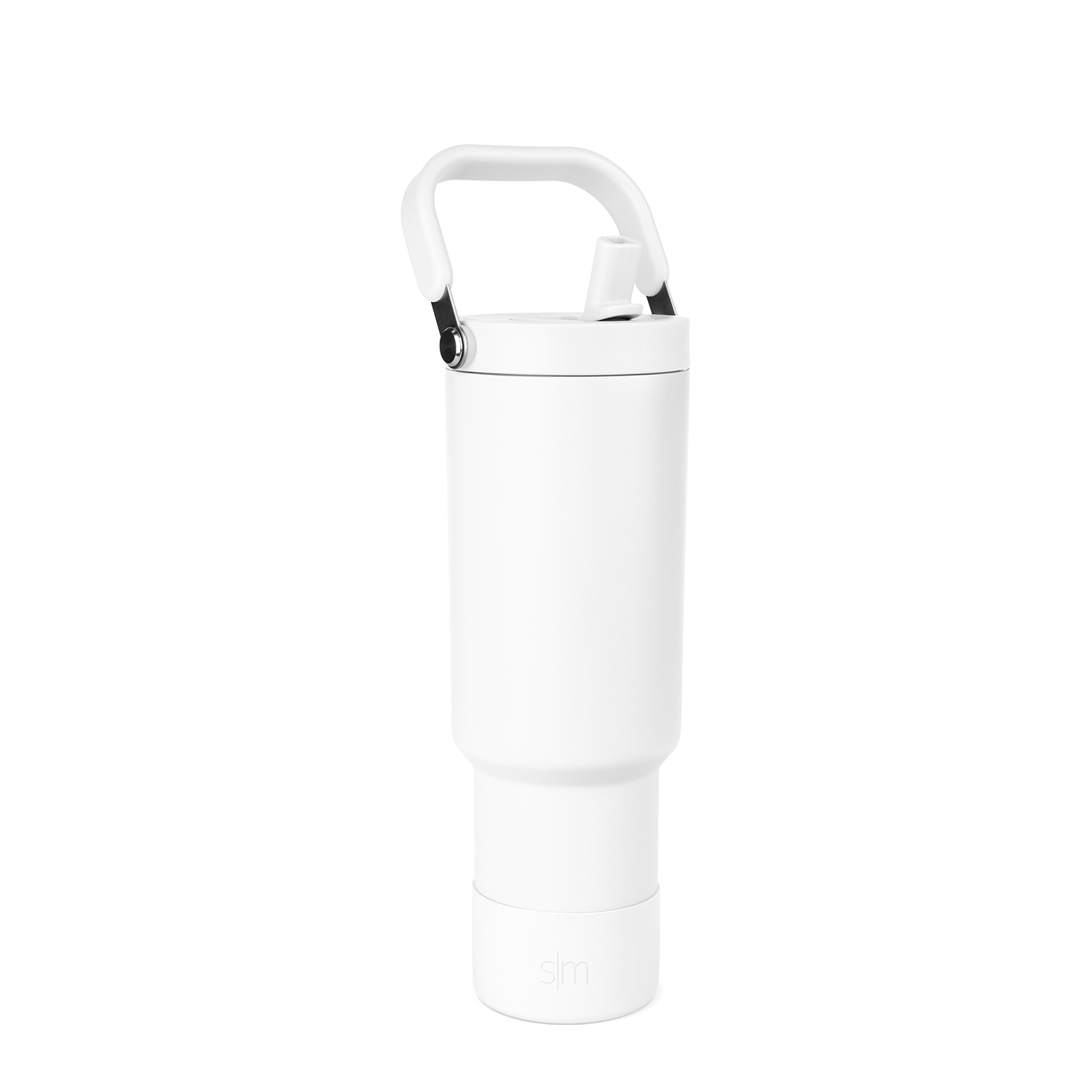 White carabiner with black attachment points at the handle against a white background