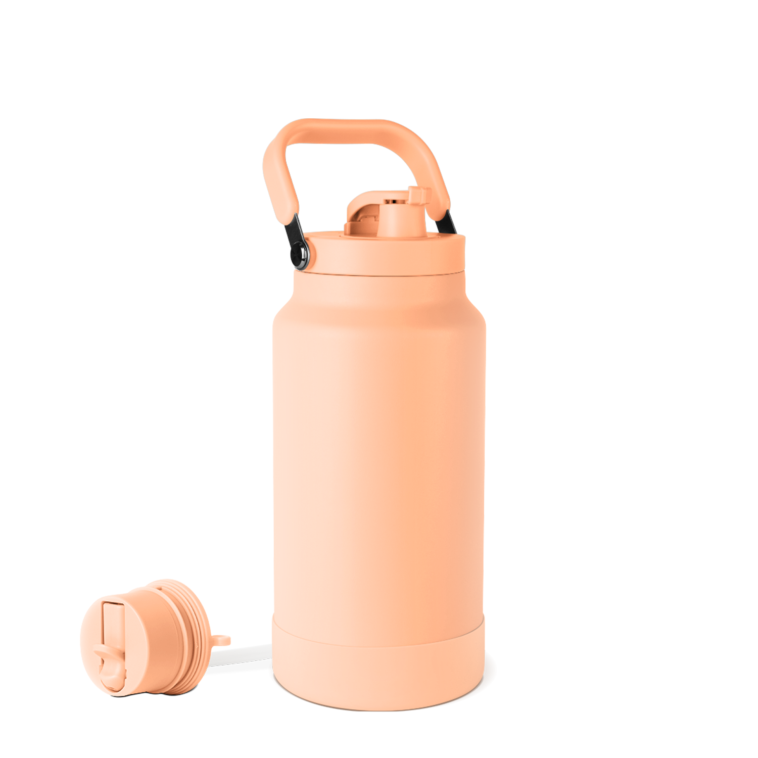 Peachy-coral salmon pink water bottle with matching handle, darker coral cap and base, and small black metal accents