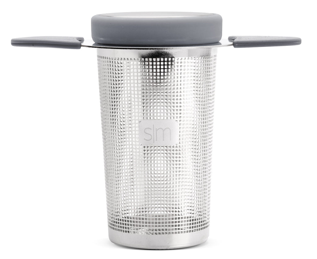 Stainless steel tea infuser with perforated mesh basket in silver and gray tones, shown on neutral background.