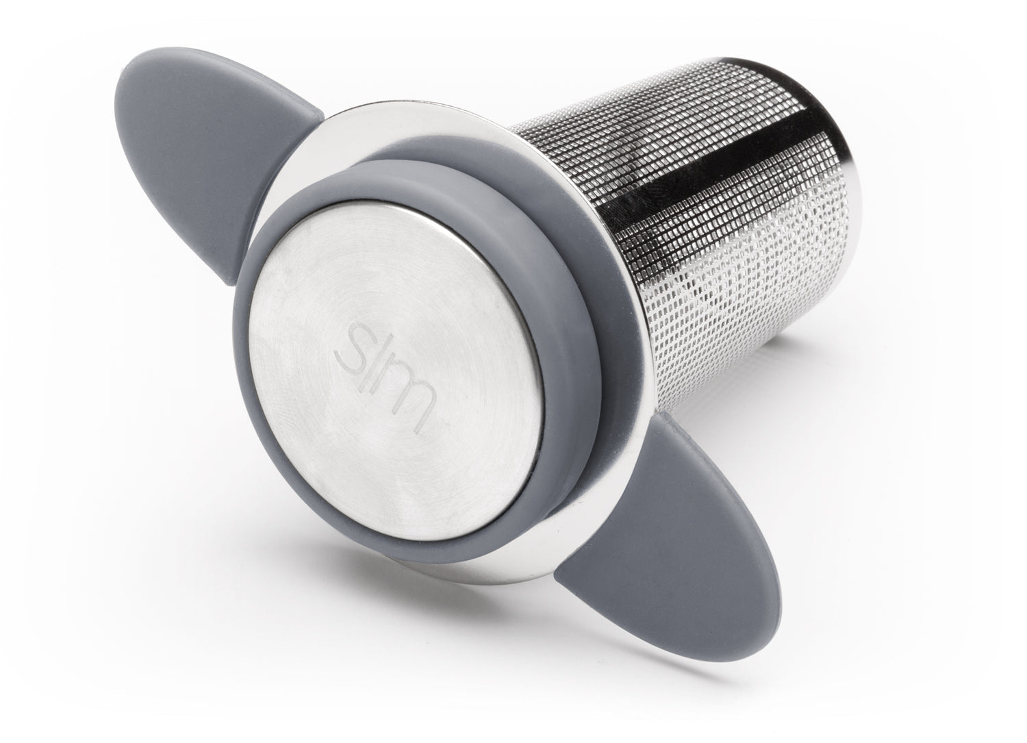 Stainless steel tea infuser with gray handle wings and silver metallic body ring on white background
