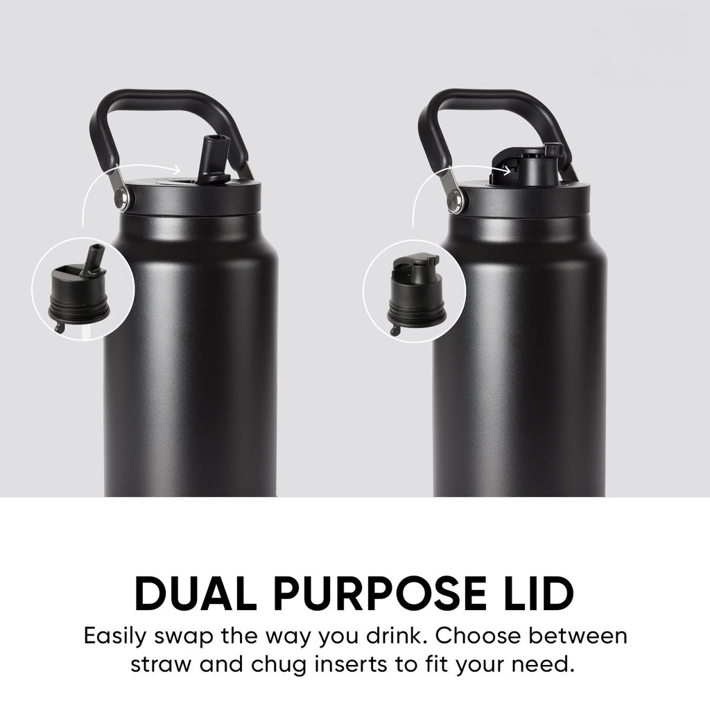Matte black water bottle with dual-purpose lid displayed against light gray background