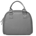 Gray canvas tote bag with silver metal hardware and light gray fabric handles and webbing straps